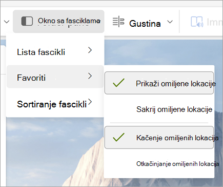 Snimak ekrana padajuće liste okna sa fasciklama sa izabranom stavkom "Prikaži omiljene lokacije" i "Zakači omiljene lokacije"