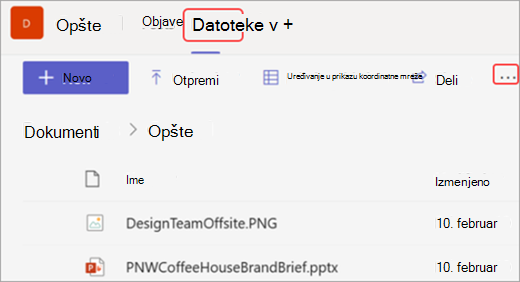 Snimak ekrana kartice "Datoteke" i opcije "Otvori u sistemu SharePoint" u usluzi Microsoft Teams,