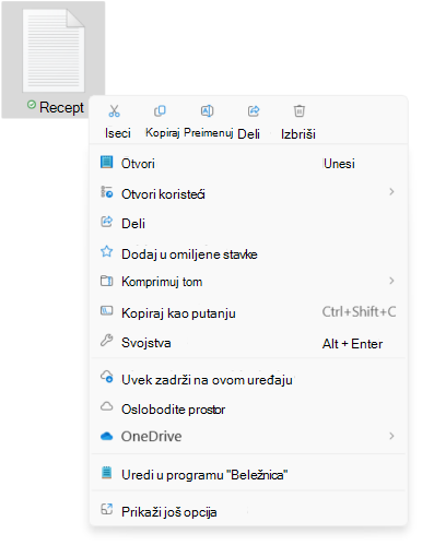 Snimak ekrana kontekstualnog menija datoteke koji prikazuje nove opcije za isecanje/kopiranje/preimenovanje/deljenje/brisanje.