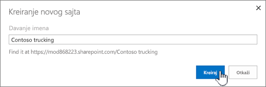 Dijalog „Kreiranje novog sajta“ kada su nametnuti klasični sajtovi
