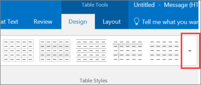 Snimak ekrana prvih šest stilova tabele i dugmeta "Još" za pregled svih stilova tabele.