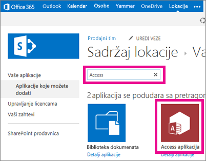 Searching for an Access app from the Add an app page in SharePoint