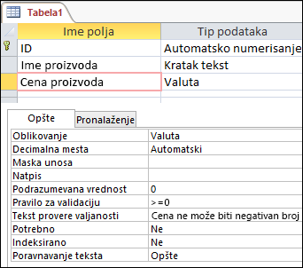 Pravilo za validaciju polja prikazano u Access dizajneru tabele