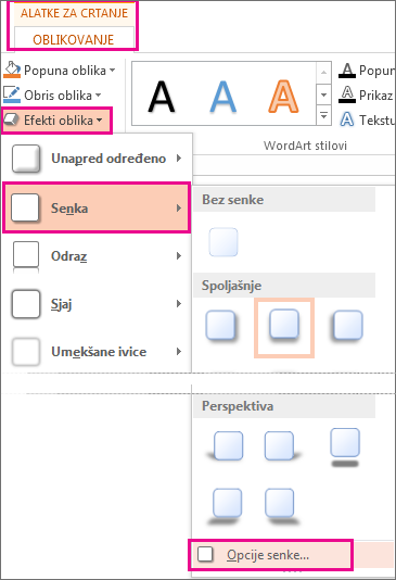 Shadow Options accessed from the Drawing Tools Format tab, Shape Effects, and then clicking Shadow