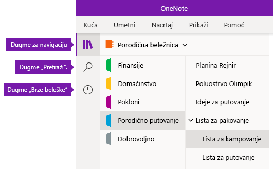Traka za navigaciju u programu OneNote za Windows 10