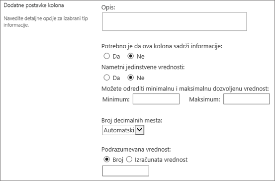 Izbori za numeričku kolonu