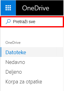 Izbor opcije „Pretraži sve“ u usluzi OneDrive