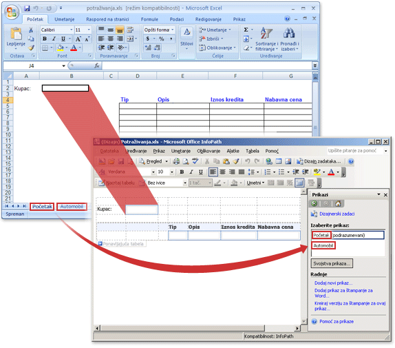 Excel radna sveska pre i nakon njenog konvertovanja u InfoPath predložak obrasca.