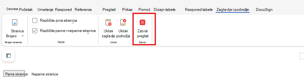 Zatvori pregled zaglavlja i podnožja na vebu