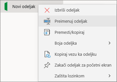 Snimak ekrana kontekstualnog menija za preimenovanje kartice odeljka u programu OneNote za Windows 10.