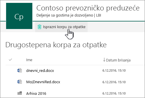 SharePoint Online korpa za otpatke drugog nivoa sa istaknutim dugmetom "Isprazni korpu za otpatke"