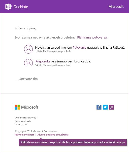 A sample OneNote notification email message