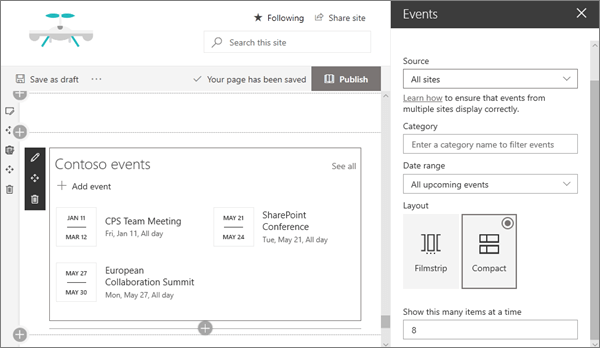 Uzorci unosa veb segmenta događaja za modernu komunikaciju sajta u SharePoint Online