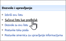 Kliknite na dugme Sačuvaj predložak sajta u koloni "dozvole i upravljanje"