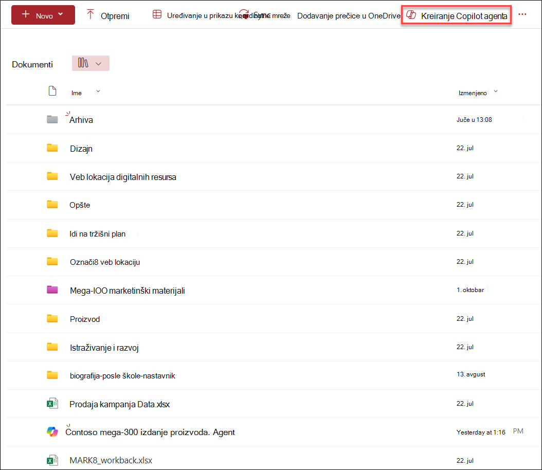 Snimak ekrana kreiranja novog Copilot agenta iz biblioteke dokumenata