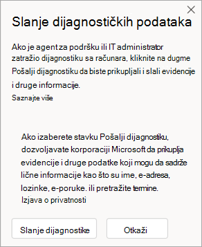 Snimak ekrana prozora koji prikazuje kako se šalju dijagnostički podaci prilikom razgovora sa agentom