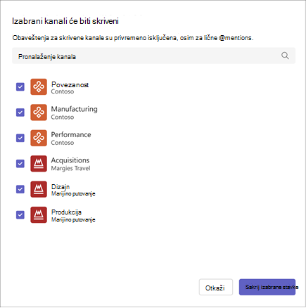Snimak ekrana interfejsa za izbor kanala. Ona sadrži listu kanala, polja za potvrdu za izbor i upozorenje o obaveštenjima o privremenoj isključi. Izaberite kanale da biste ih sakrili.