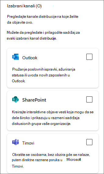 Snimak ekrana bočne table koja prikazuje polja za potvrdu za Outlook, SharePoint i Teams.