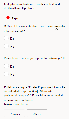 Snimak ekrana koji prikazuje opciju za dozvoljavanje kontakta i slanje evidencija prilikom prosleđivanja povratnih informacija