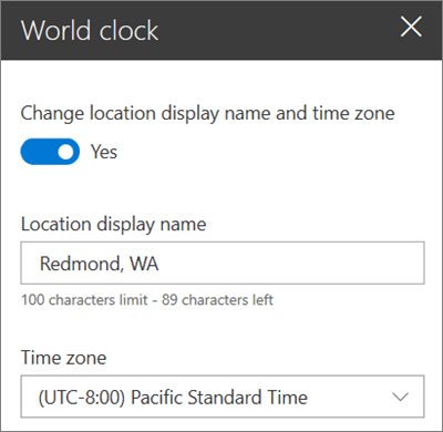 Okvir sa alatkama za World sat websegment za SharePoint lokacije, koji prikazuje kako da prilagodite ime za prikaz i vremensku zonu