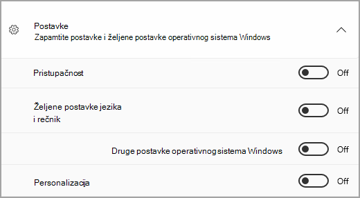 The Settings section of Windows rezervne kopije.
