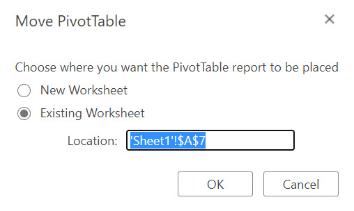 Dijalog "Premeštanje izvedene tabele" u programu Excel za veb.