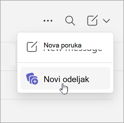 Snimak ekrana opcije nove poruke i novog odeljka koji se pojavljuje nakon izbora novih stavki dok ste u zasebnom ćaskanju u prikazu.