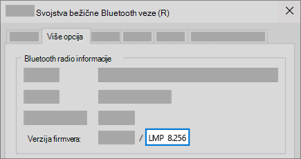 Polje "Bluetooth LMP verzija" na kartici "Više opcija" u upravljaču uređajima.