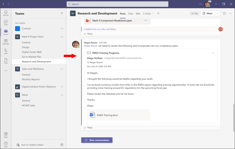Deljenje u usluzi Teams – prikažite e-poštu na teams snimku ekrana