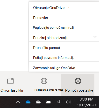 Snimak ekrana pristupa postavkama za OneDrive