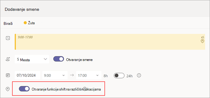 Snimak ekrana koji prikazuje preklopnik "Otvori smenu na različitim lokacijama" za otvorenu smenu.