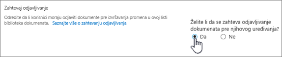 Dijalog "Postavke" sa istaknutom stavkom "Da" u okviru "Zahtevaj odjavljivanje dokumenata da bi se uređivali"