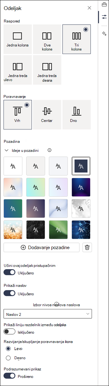 Section properties pane with collapsible settings enabled