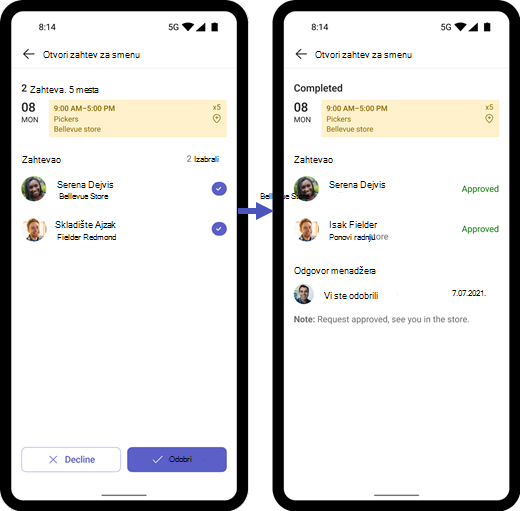 Snimak ekrana koji prikazuje kako da odobrite otvorene zahteve za smenu na mobilnom uređaju.