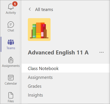 Class Notebook tab in a class team