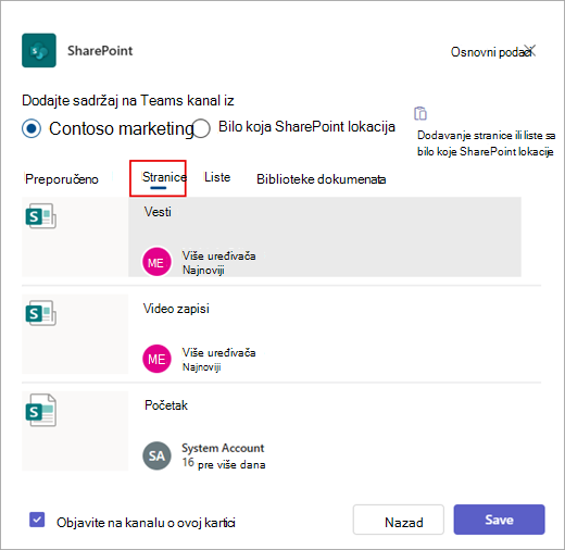 The Add content to your Teams channel from dialog box.