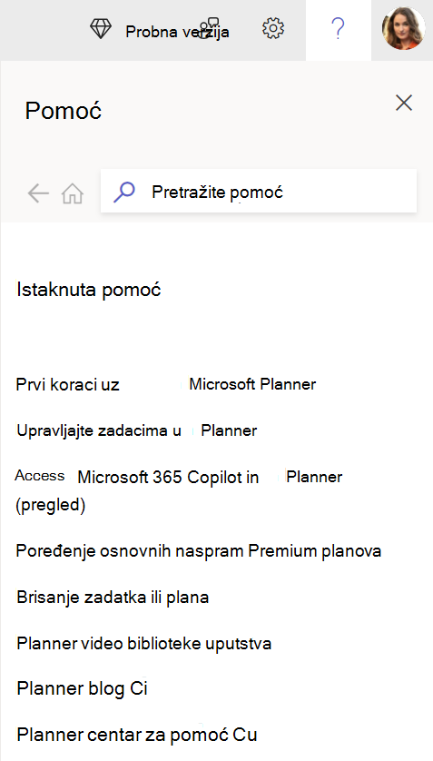 Izaberite ? u Planner za veb da biste pristupili oknu za pomoć i rešili vaša pitanja