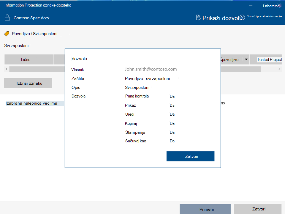 Prikaz dozvola pomoću alatke Microsoft Purview Information Protection za oznaku datoteka