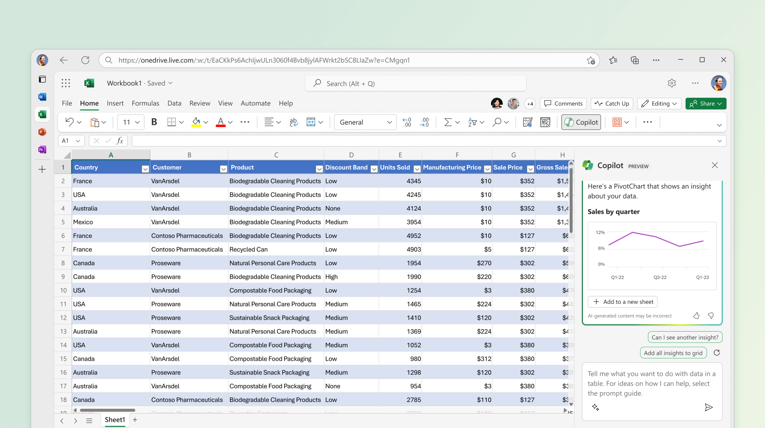 Snimak ekrana prikazuje Copilot u programu Excel koji identifikuje uvide iz postojećih podataka.