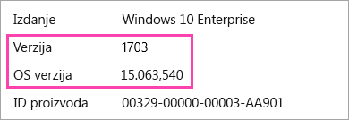 Snimak ekrana koji prikazuje brojeve verzija i napravi operativnog sistema Windows