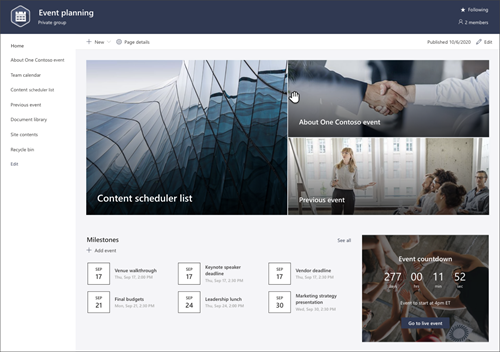 Screenshot of the page preview of the event planning SharePoint site template