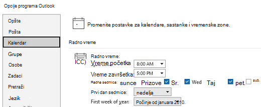 Snimak ekrana opcija radnog vremena kalendara