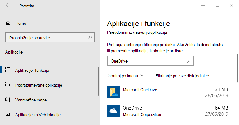 OneDrive u postavkama aplikacije za Windows