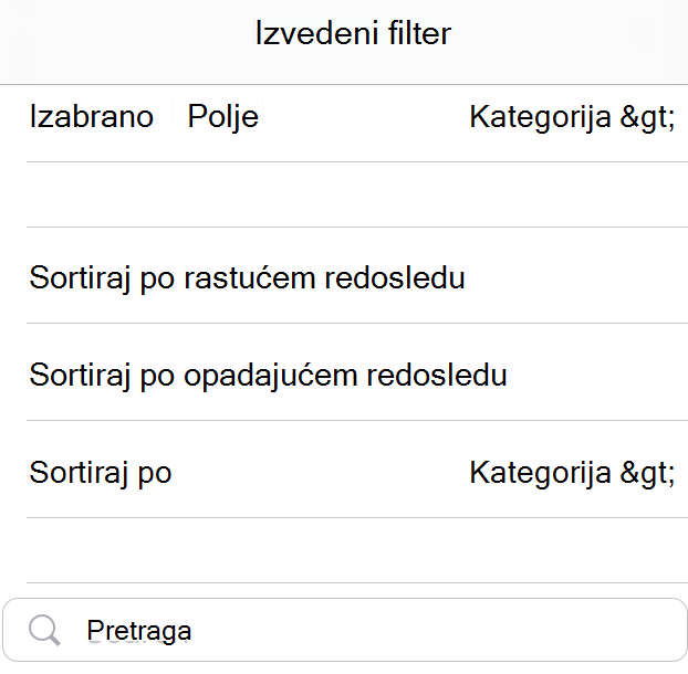 Filter za sortiranje izvedene tabele na iPad uređaju