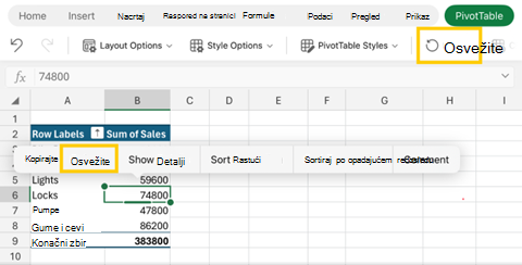 Snimak ekrana osvežavanja izvedene tabele u programu Excel za iPad