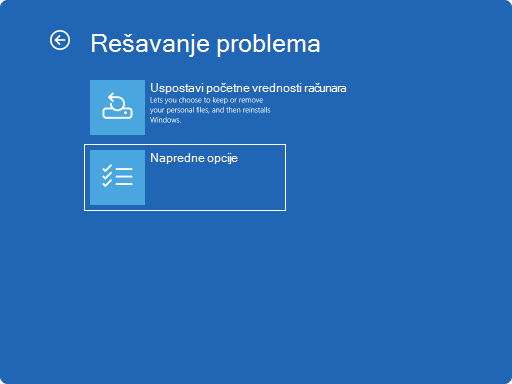 Snimak ekrana operativnog sistema Windows RE – rešavanje problema.