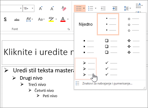 Podešavanje podrazumevanog znaka za nabrajanje za sve nivoe