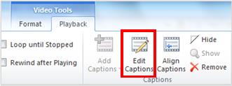 Video Tools Playback tab with Edit Captions highlighted