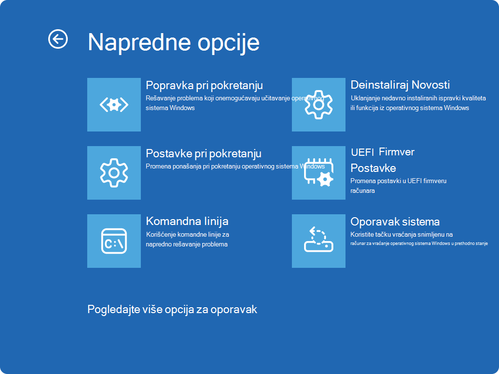 Snimak ekrana Windows RE – ekran sa više opcija.