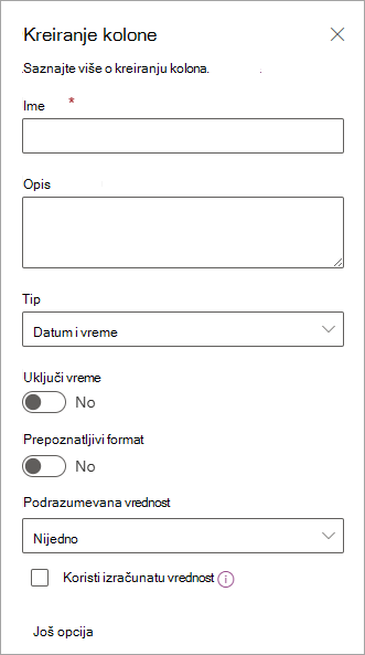 Snimak ekrana table "Kreiranje kolone" koju možete da koristite za dodavanje kolona na liste.